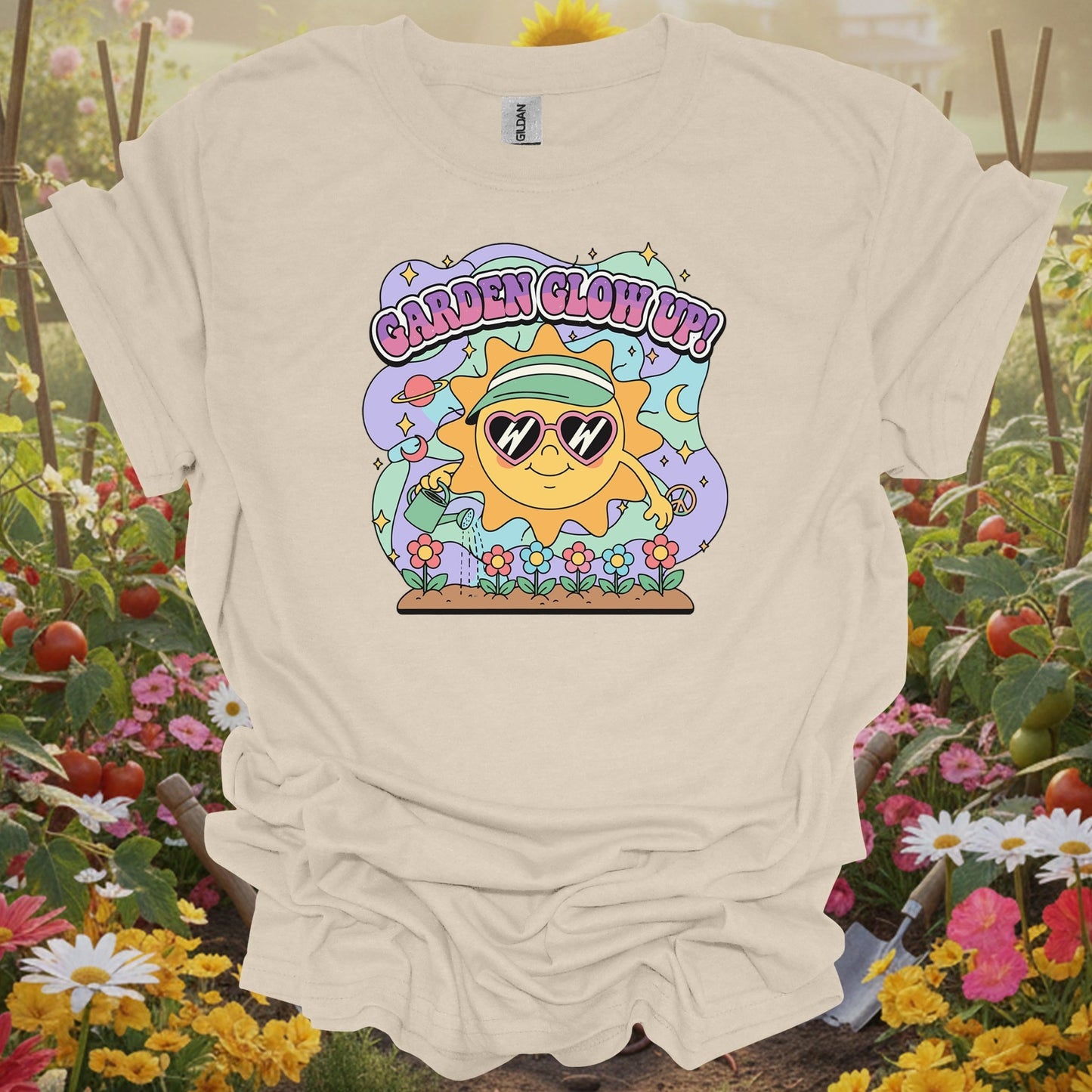 Natural tshirt showing garden glow up 90s aesthetic happy sun for people who love plants