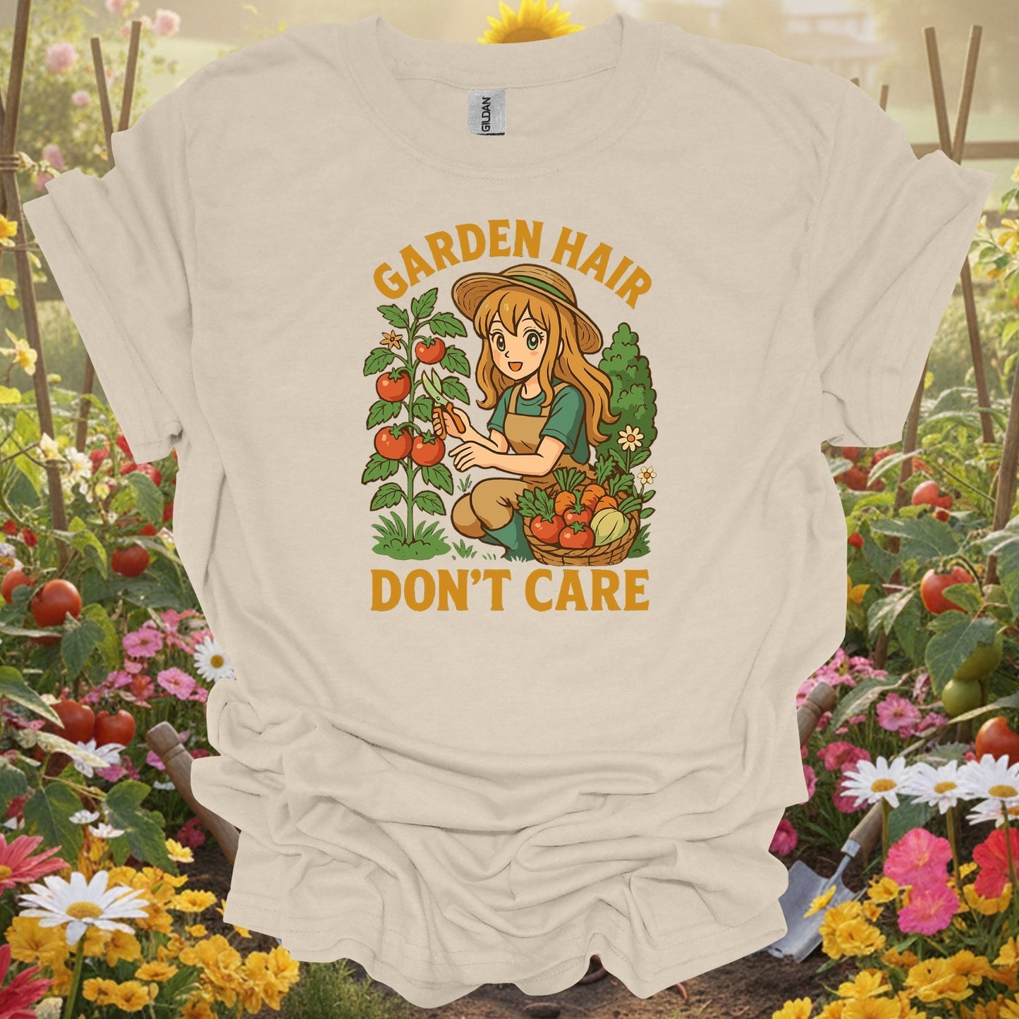 Natural tshirt showing garden hair don't care vintage casual for people who love plants