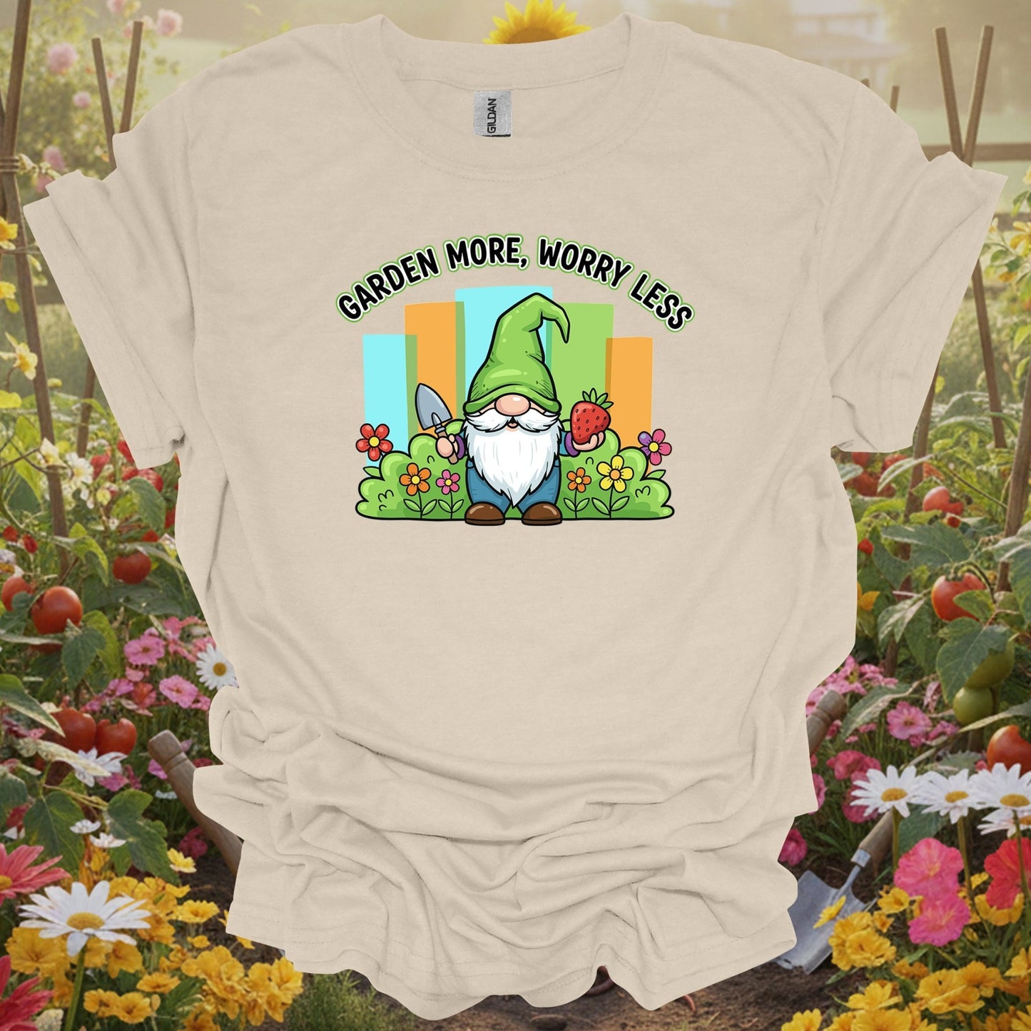Natural tshirt showing garden more worry less cute gnome strawberry for cute style gardeners