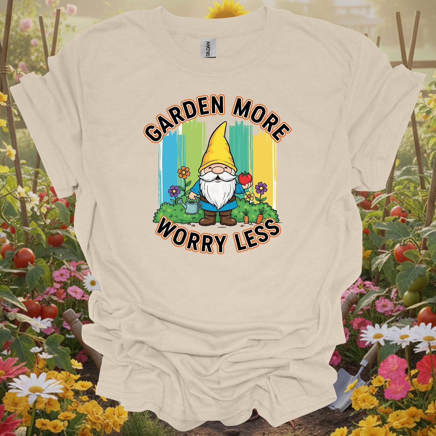 Natural tshirt showing garden more worry less cute gnome veggie for people who love plants