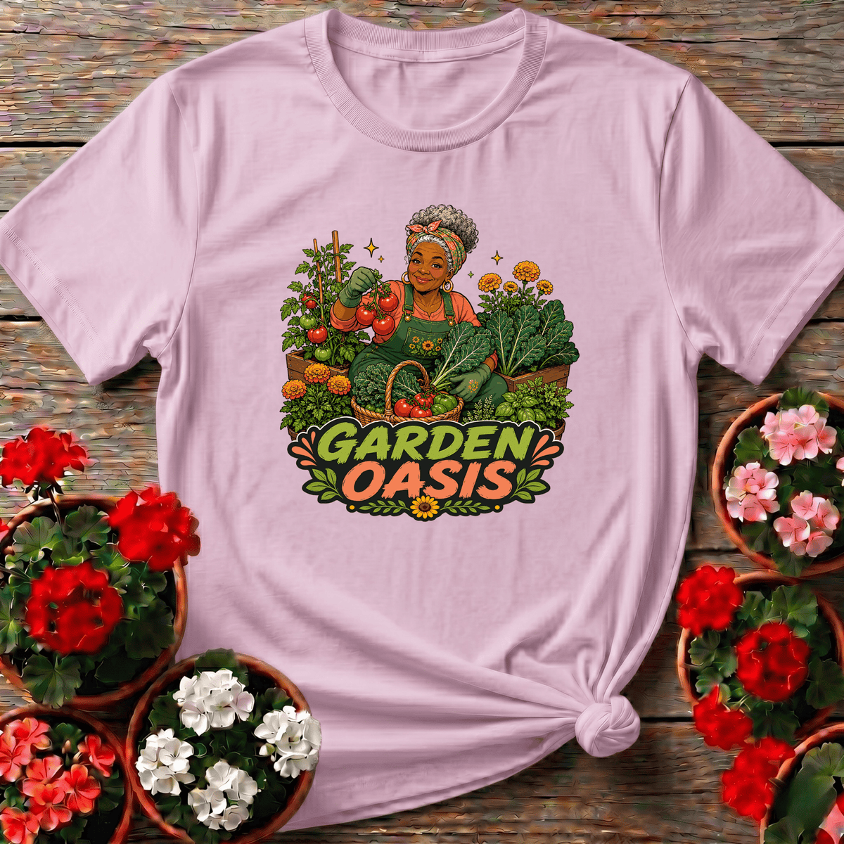 Light Pink vibrant retro illustration gardening tee "Garden Oasis" for the joyful backyard grower