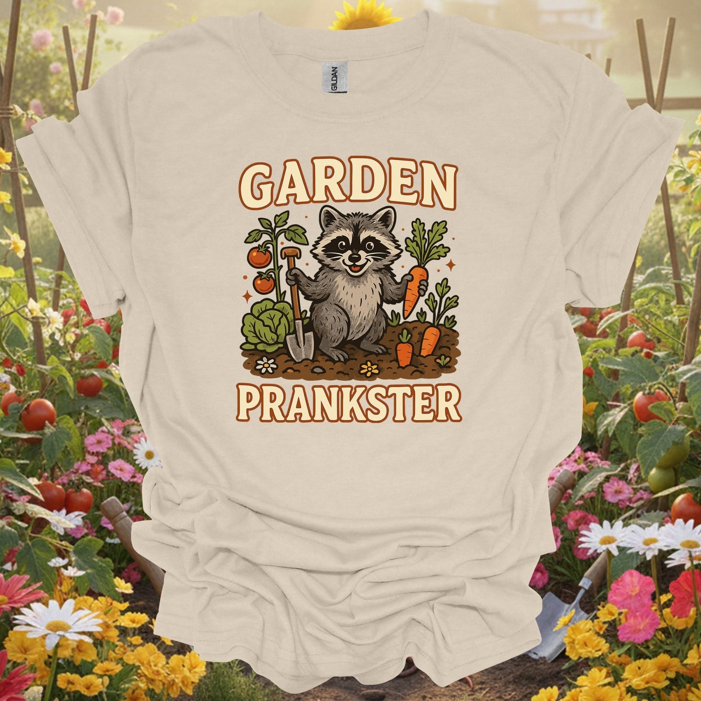 Natural tshirt showing garden prankster raccoon garden t shirt for people who love plants