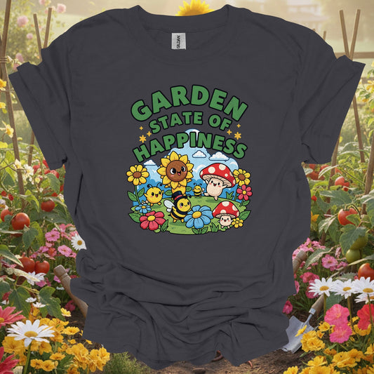 "Garden State of Happiness" Whimsical Mushroom T-Shirt - GardeningTshirts