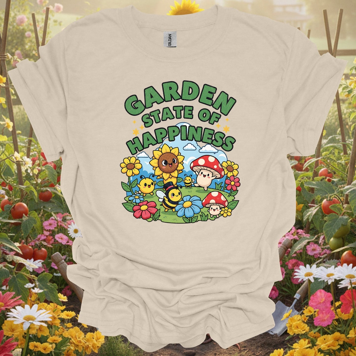 "Garden State of Happiness" Whimsical Mushroom T-Shirt - GardeningTshirts