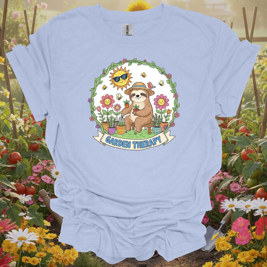 Light Blue tee showing garden therapy cute sloth gardener for plant lovers