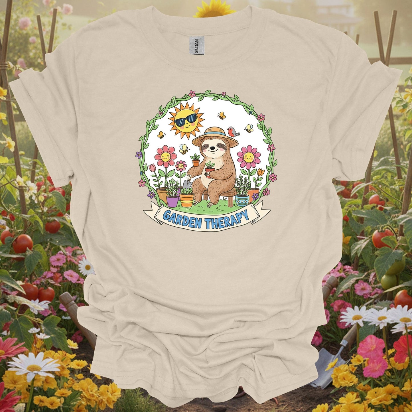 Natural tshirt showing garden therapy cute sloth gardener for people who love plants