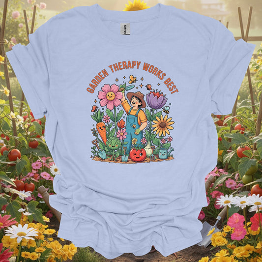 "Garden Therapy Works Best" Cheerful Cartoon T-Shirt - GardeningTshirts
