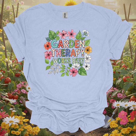 Light Blue tee showing garden therapy works best cheerful flower doodle for plant lovers