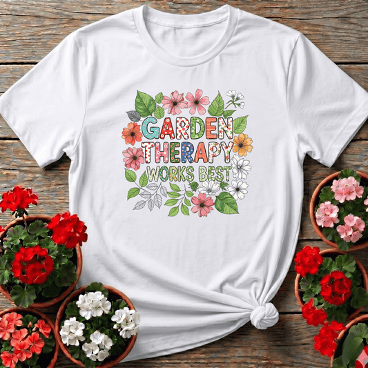 Garden Therapy Works Best Cheerful Flower Doodle Tee - GardeningTshirts