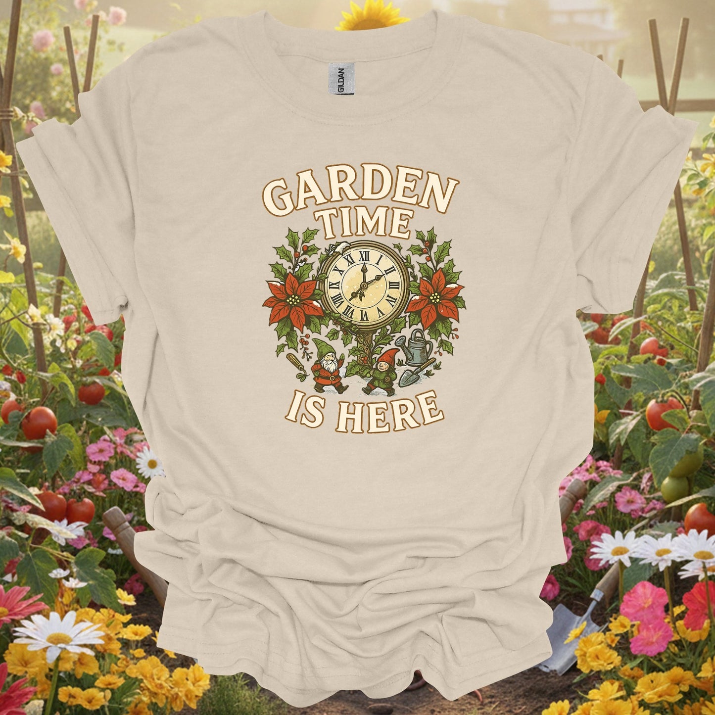 "Garden Time Is Here" Christmas Gnome T-Shirt - GardeningTshirts