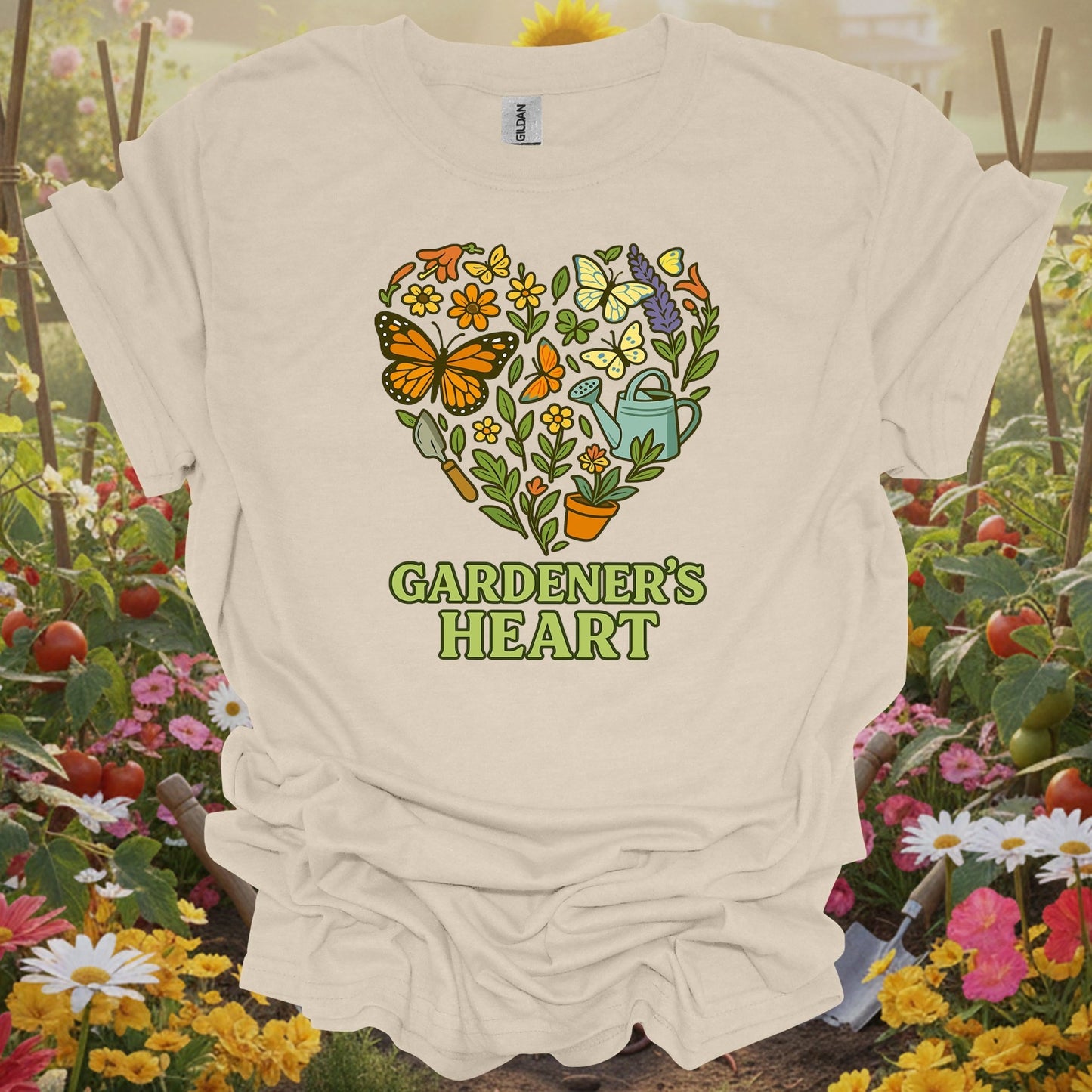 Natural tshirt showing gardeners heart butterfly floral wreath for people who love plants