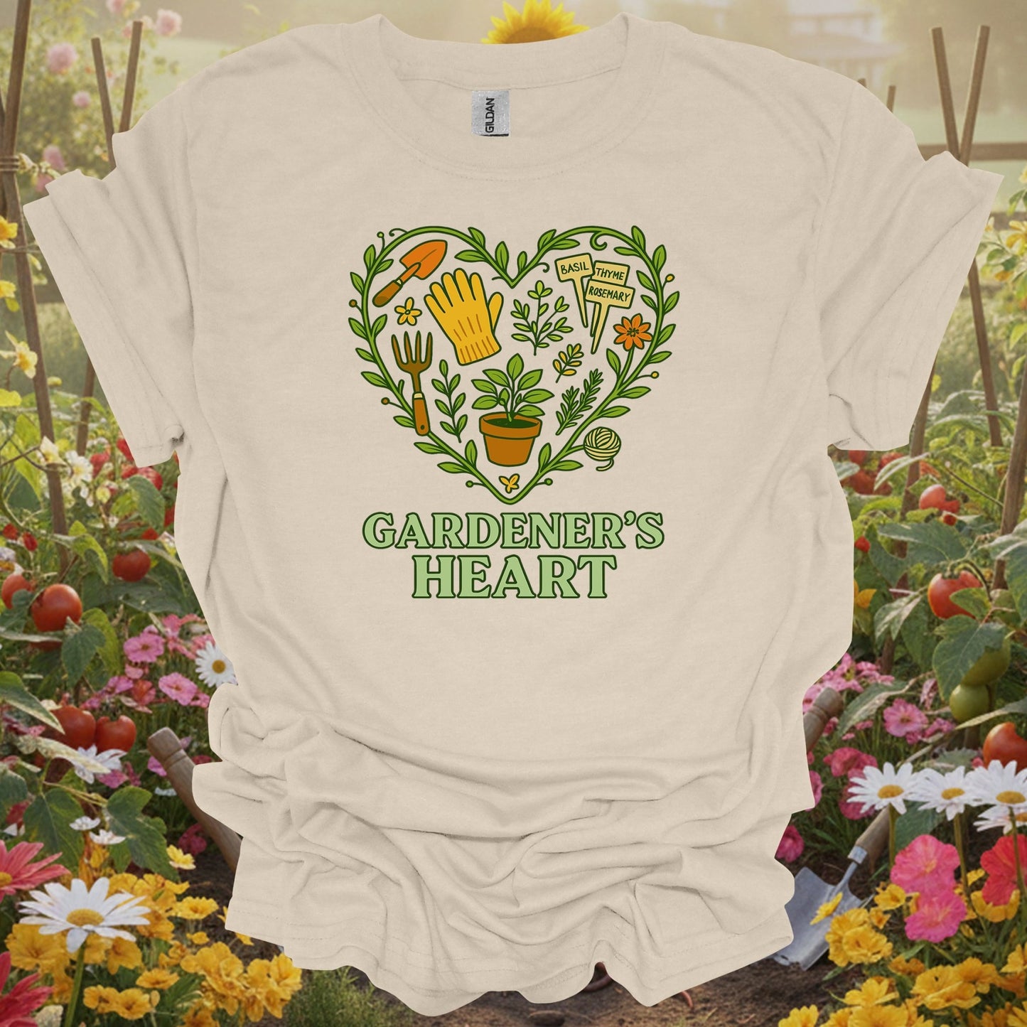 Natural tshirt showing gardener's heart herbal edition tool for people who love plants