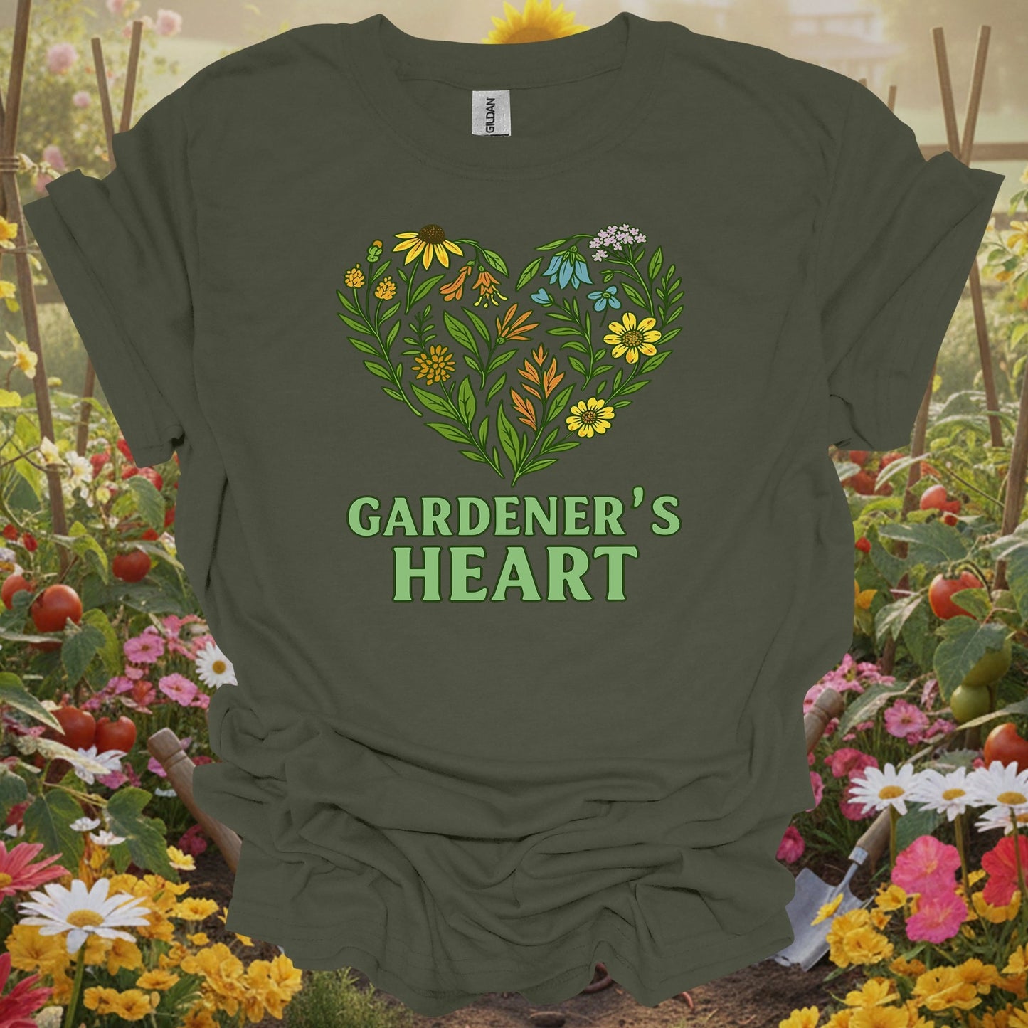 Military Green tshirt showing gardener's heart native wildflower love for people who love plants