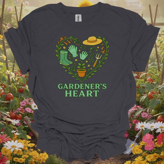 Charcoal tshirt showing a classic pair of boots and essential tools arranged in a symbol of affection for the earth for beautifiers creating floral displays