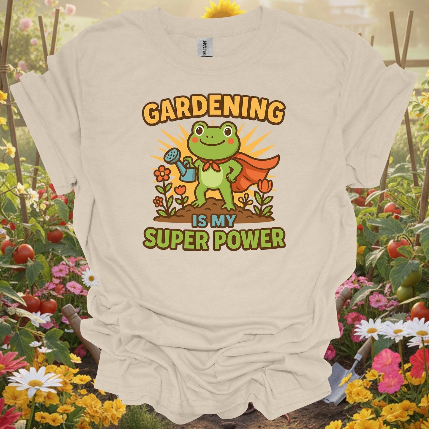 Natural tshirt showing gardening is my super power motivated frog for people who love plants