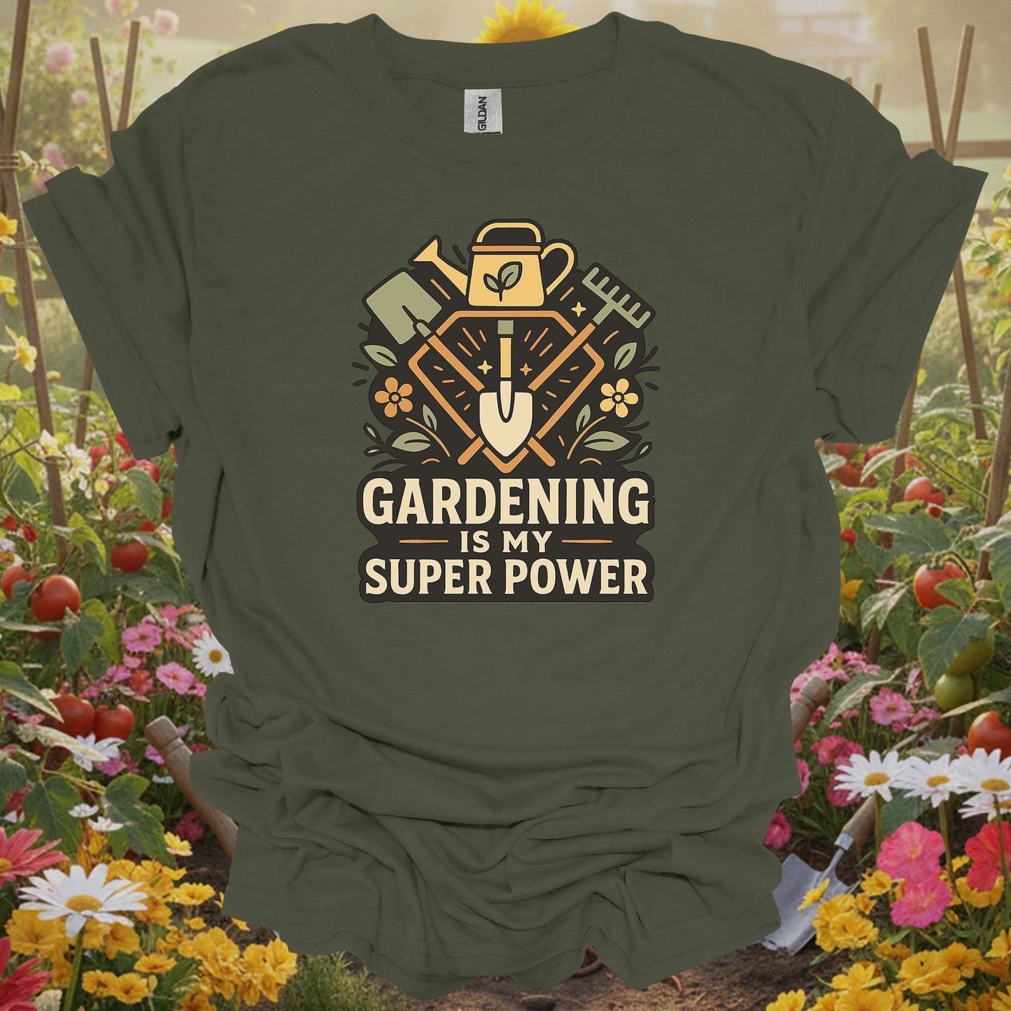Military Green gardening tee with a retro-inspired storybook look that serves as a functional piece of art for any grower.
