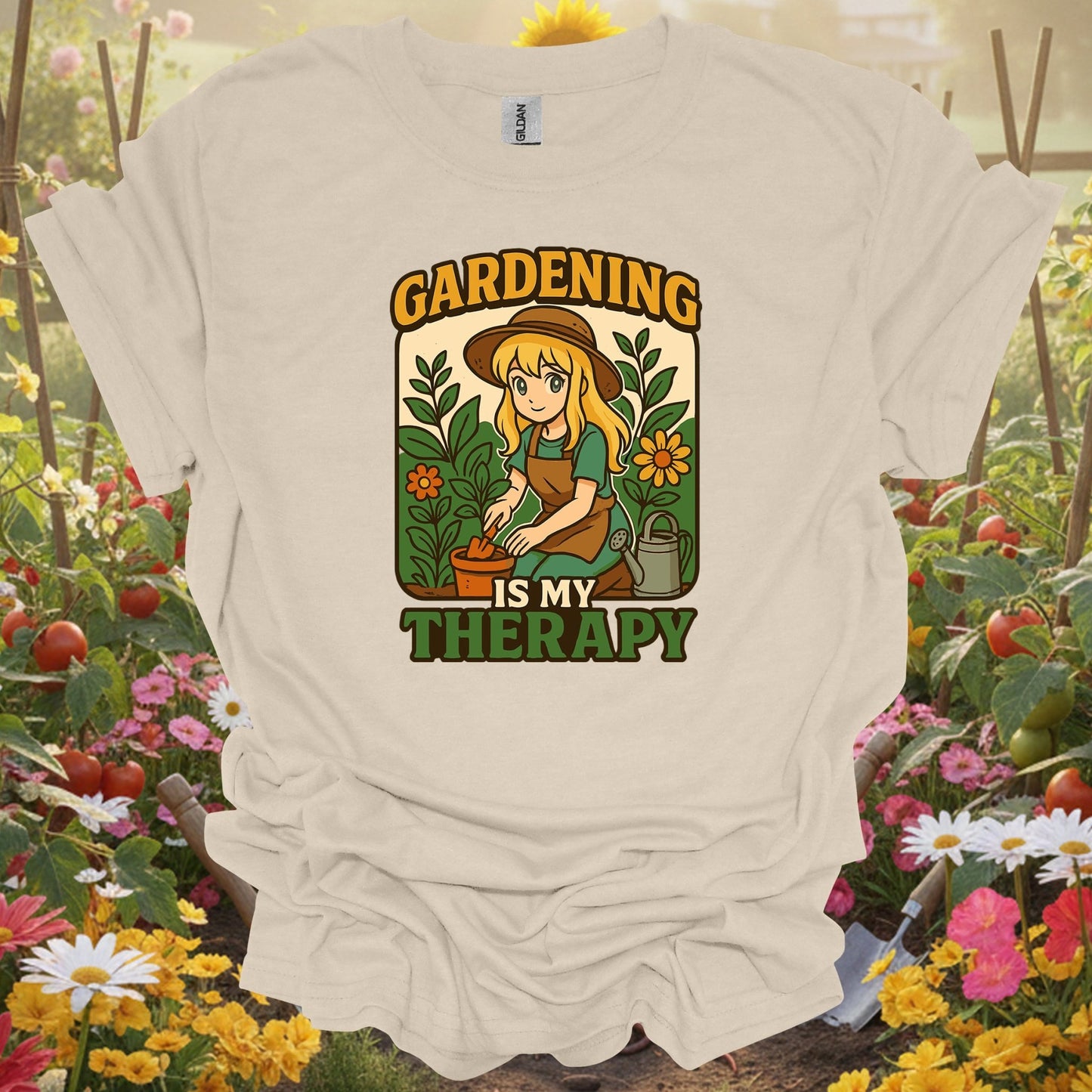 Natural tshirt showing gardening is my therapy anime planting for people who love plants
