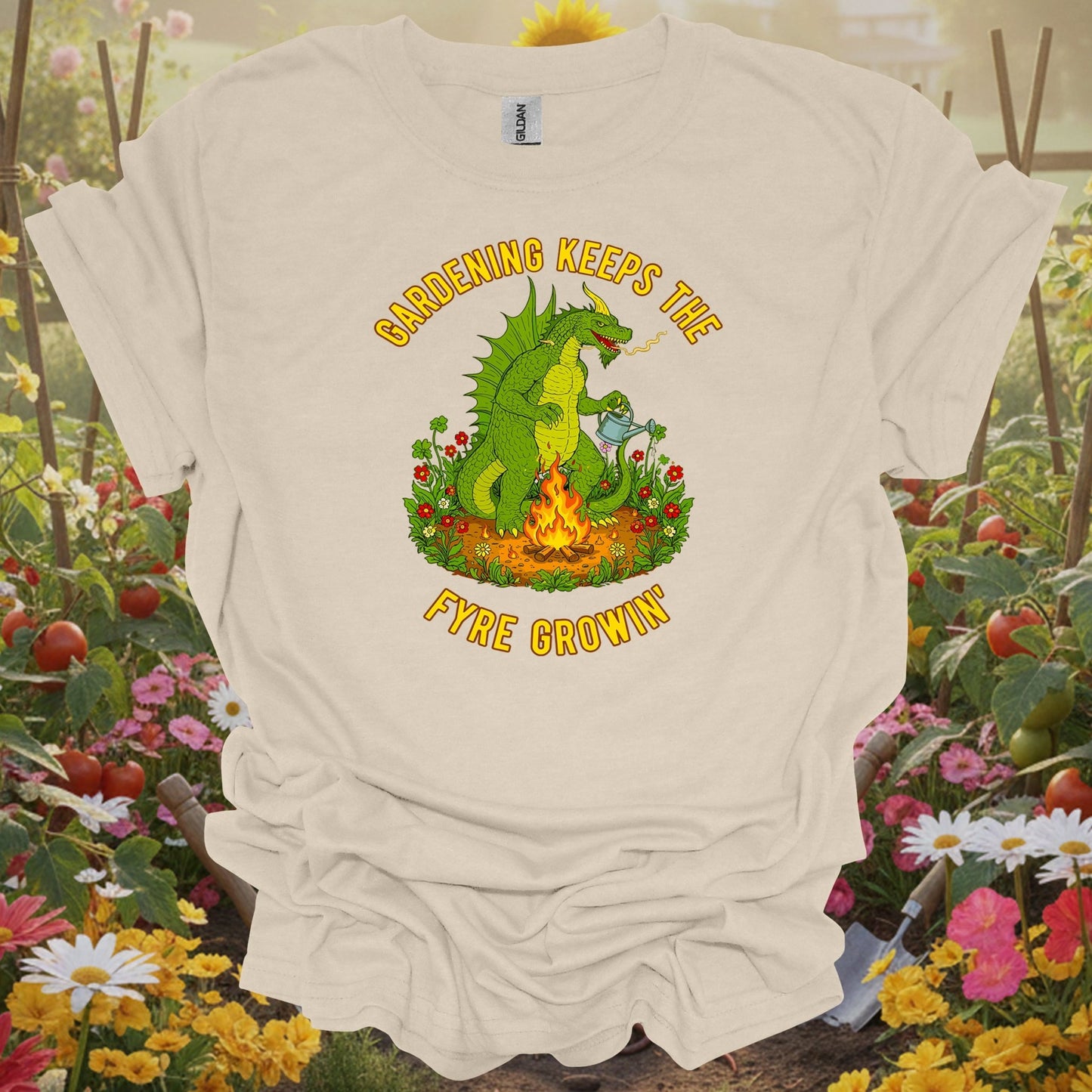 Natural tshirt showing a legendary dragon guarding a vibrant garden, symbolizing the strength and protection required for a thriving landscape for food security advocates ensuring local resilience