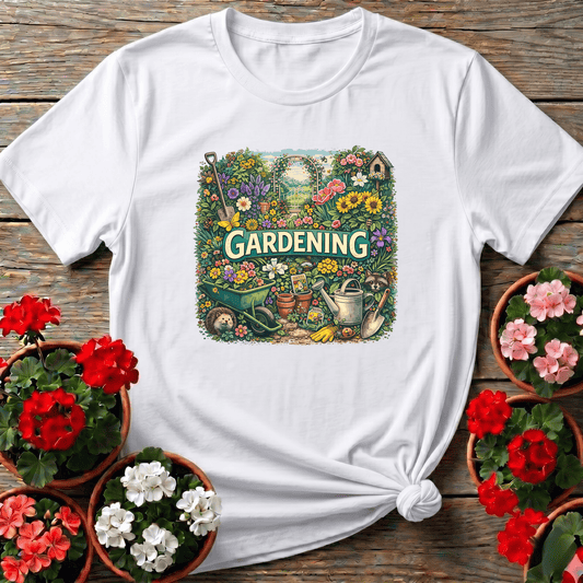 White vibrant storybook botanical gardening shirt with overflowing blooms and garden tools for cottagecore gardeners
