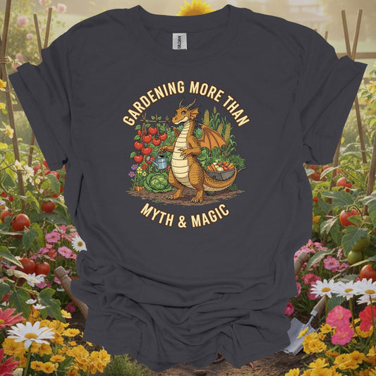 Charcoal tee showing gardening more than myth magic dragon for plant lovers