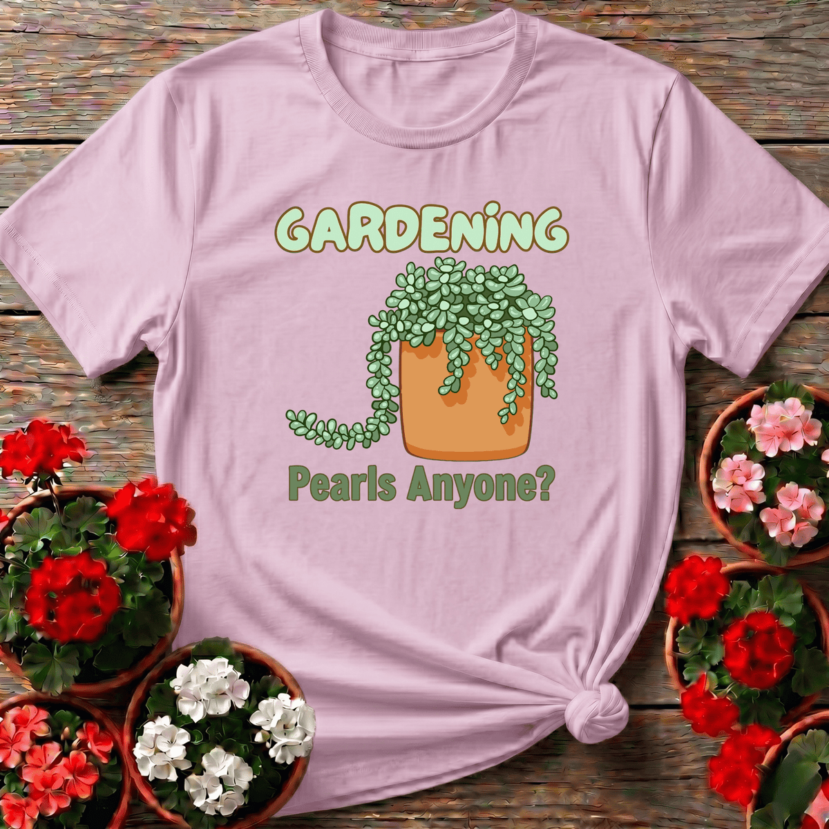 Light Pink playful retro succulent t-shirt with trailing pearls design for plant-loving gift recipients