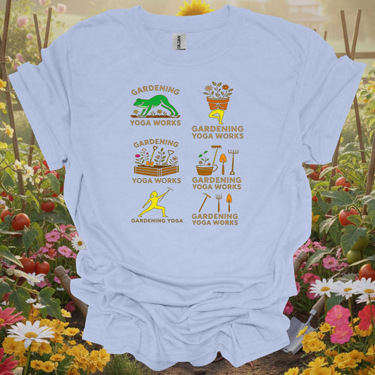 LIght blue tee showing gardening yoga works funny frog pose for plant lovers