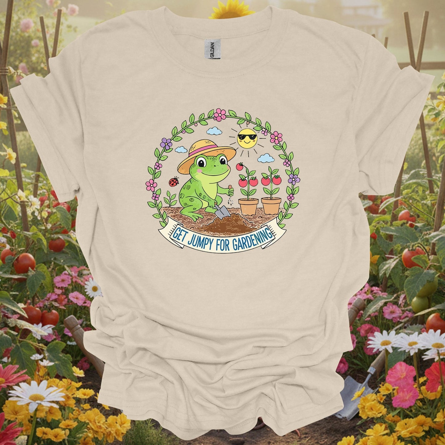 Natural tshirt showing get jumpy for gardening funny frog tomato for people who love plants