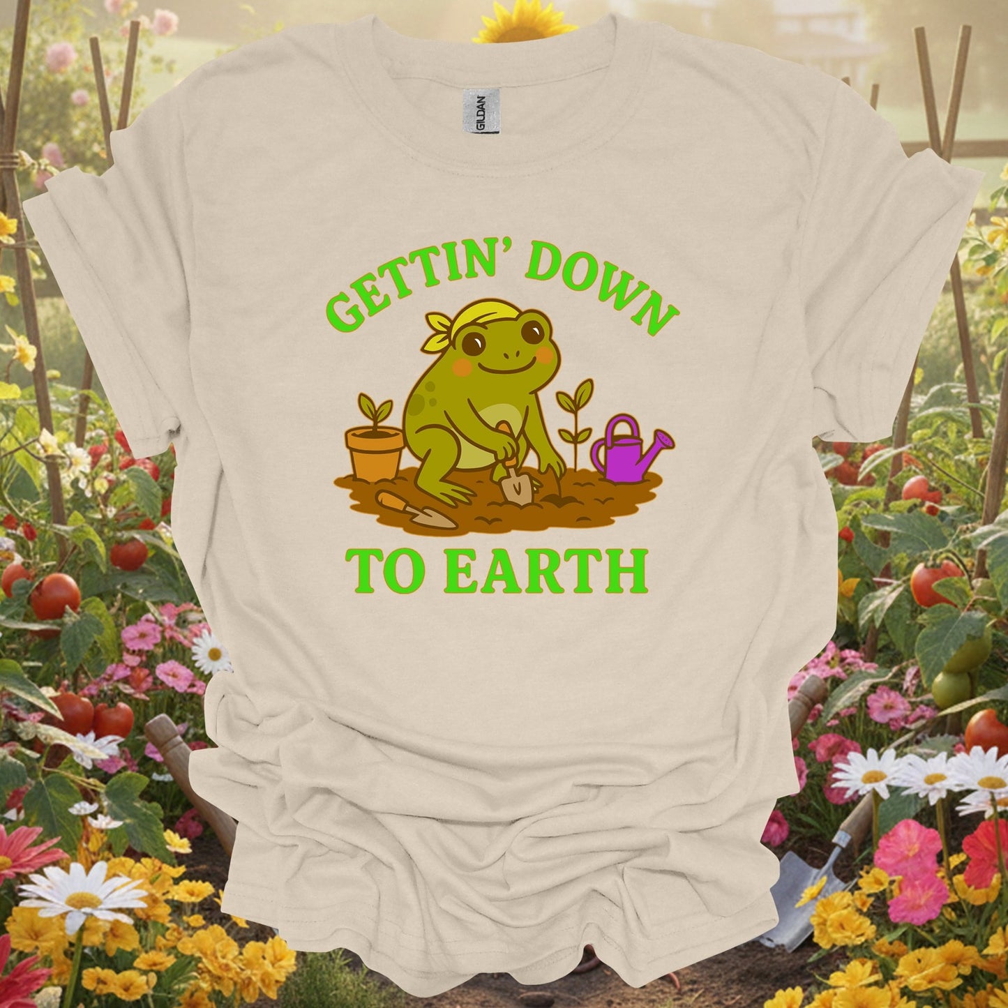 Natural tshirt showing gettin down to earth cute frog for people who love plants