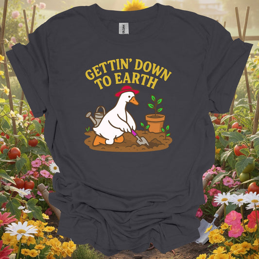 Charcoal tee showing gettin' down to earth cute goose t shirt for plant lovers