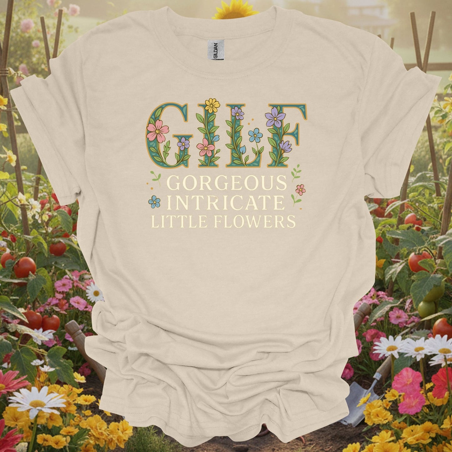 Natural tshirt showing gilf gorgeous intricate little flowers for floral enthusiasts