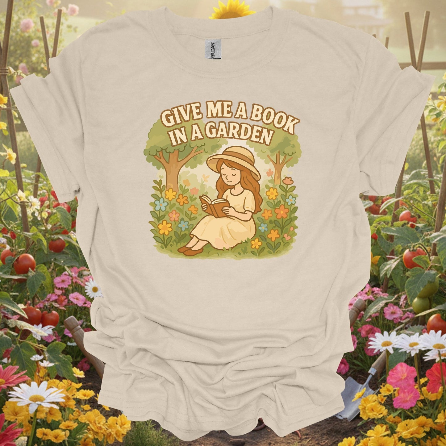 Natural tshirt showing give me a book in a garden peaceful for people who love plants