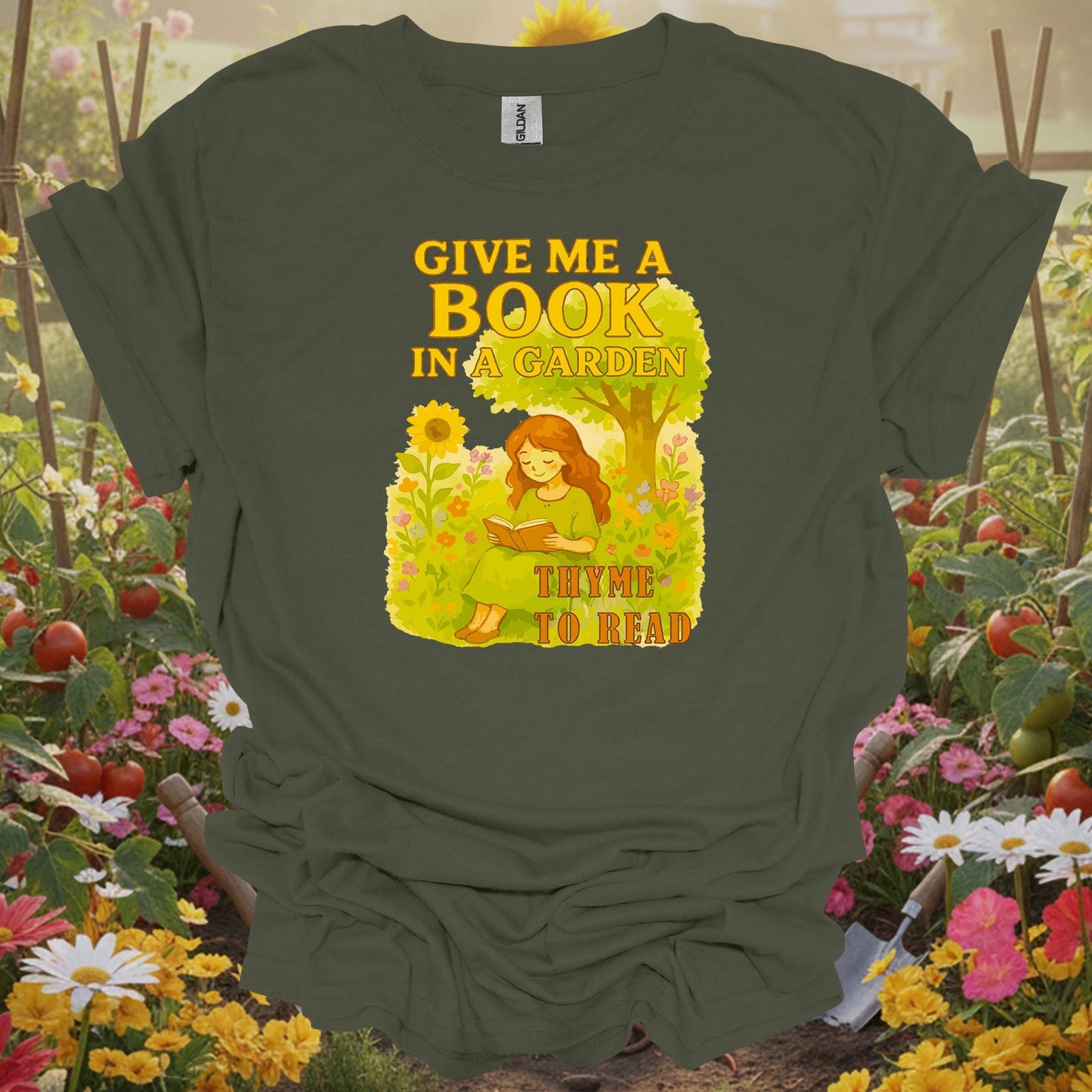 Military Green gardening shirt with reading in herb garden with thyme for book lovers, herb gardeners, garden readers