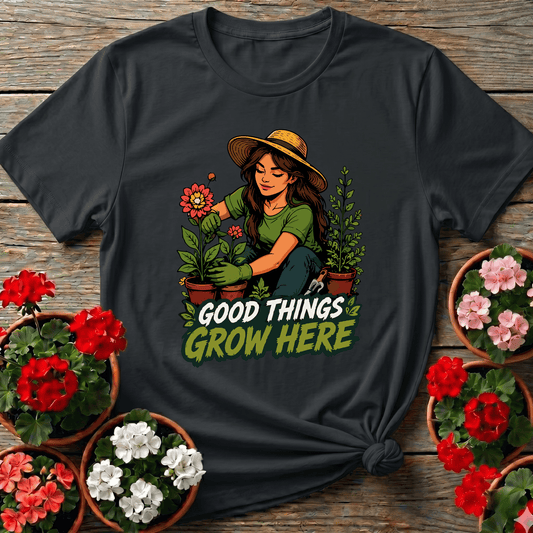 Black cottagecore illustrated gardening tee with quote "Good Things Grow Here" for plant-loving women