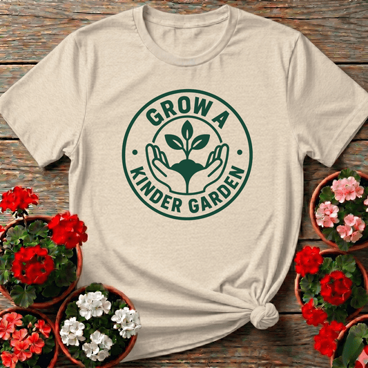 Natural vintage badge gardening tee with "Grow a Kinder Garden" for quiet plant-loving souls