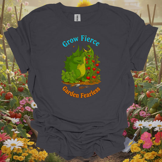 Charcoal tee showing grow fierce garden fearless dragon for plant lovers