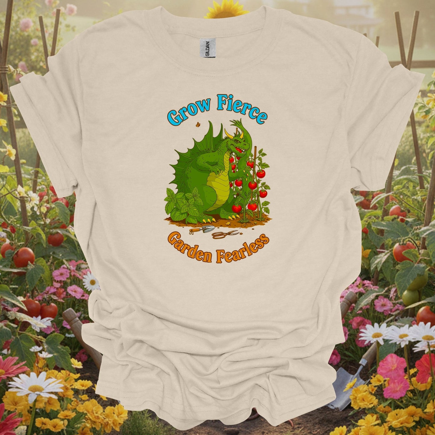 Natural tshirt showing grow fierce garden fearless dragon for people who love plants