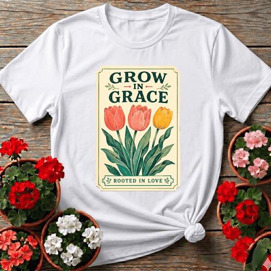 White botanical print tulip shirt with "Grow in Grace Rooted in Love" for spring gardeners who love cottage style