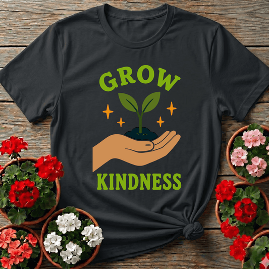 Black cottagecore flat graphic gardening tee with "Grow Kindness" seedling design for plant lovers
