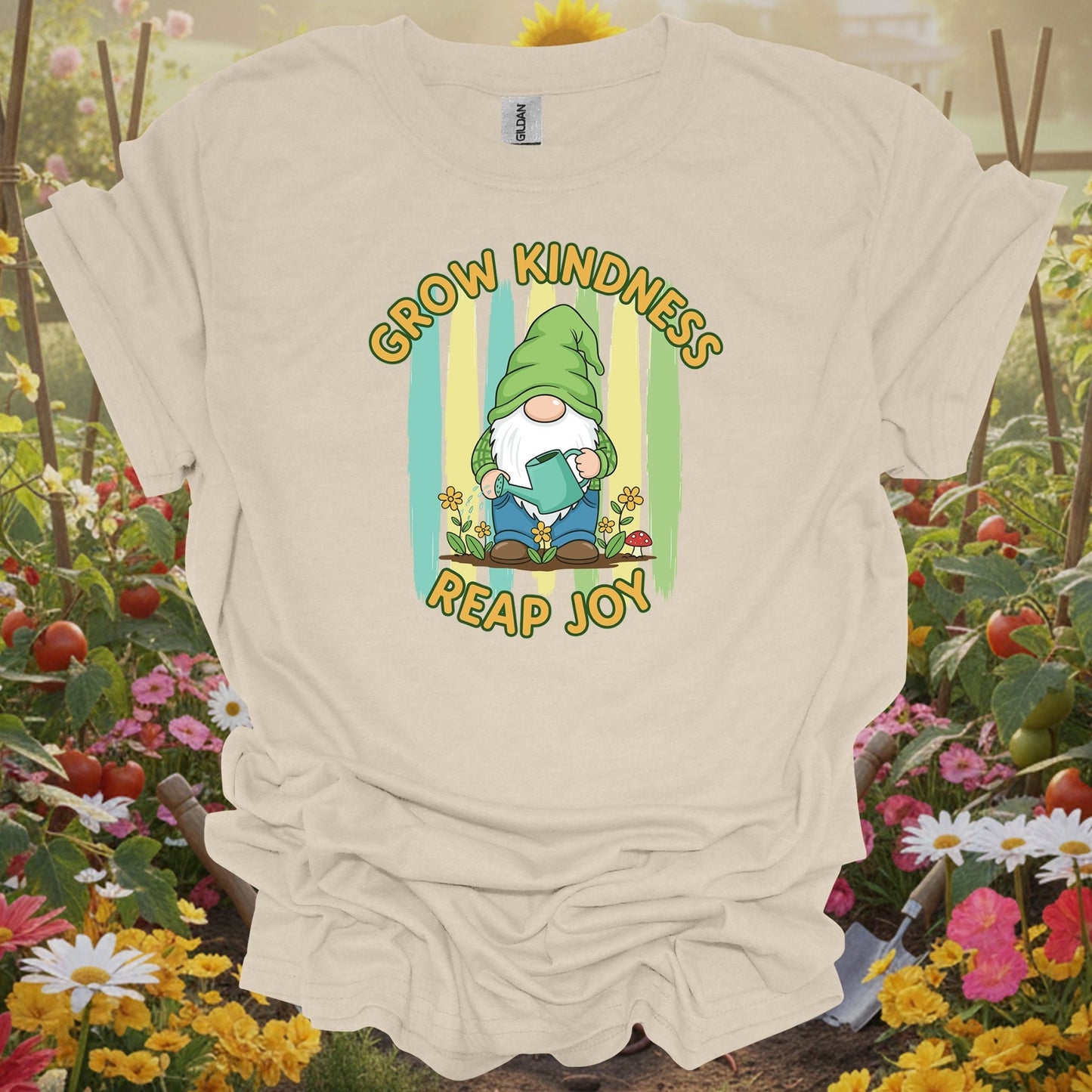 Natural tshirt showing grow kindness reap joy cute gnome gardener for people who love plants