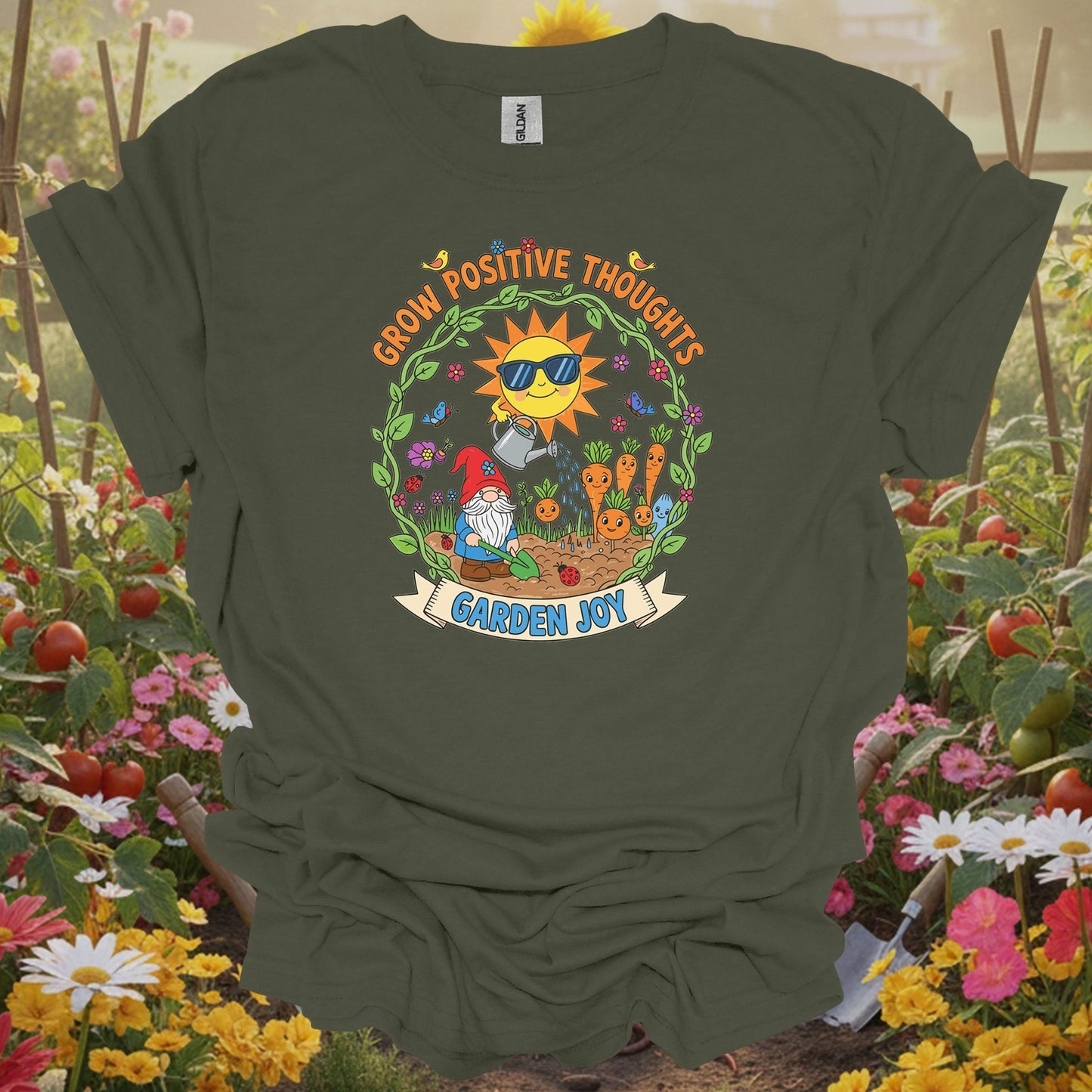 Military Green tshirt showing grow positive thoughts garden joy cute gnome for people who love plants