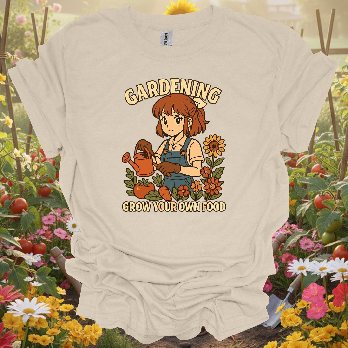 Natural tshirt showing grow your own food anime vegetable planting for people who love plants