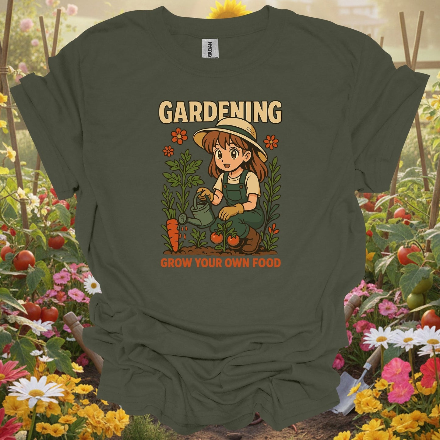 Military Green tshirt showing grow your own food anime vintage style for people who love plants