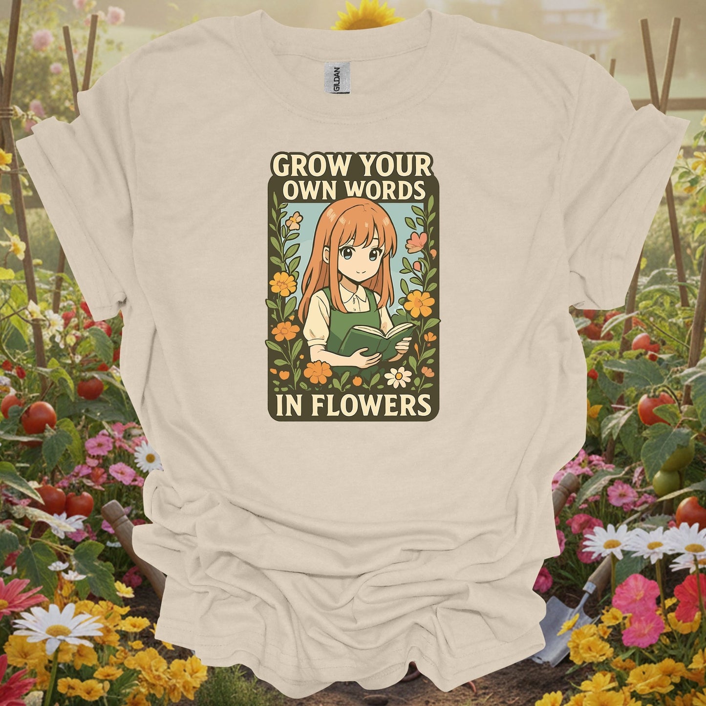 Natural top with an earthy vibe storybook art piece showing a girl reading in a garden for hobby farmers
