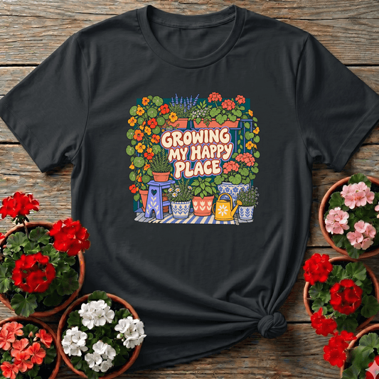 Black cottagecore folk art gardening tee "Growing My Happy Place" for plant lovers and porch gardeners