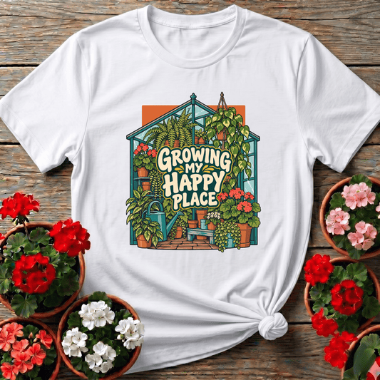 White retro botanical greenhouse shirt with "Growing My Happy Place" for plant lovers