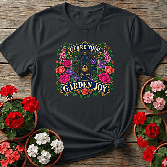 Black romantic Victorian botanical gardening tee with "Guard Your Garden Joy" floral iron gate design for garden lovers