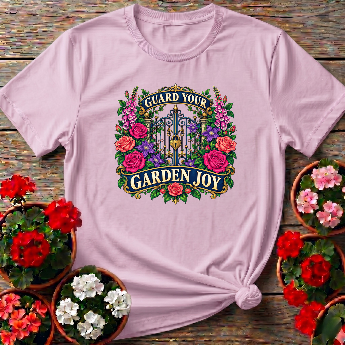 Guard Your Garden Joy Floral Gate Gardening T-Shirt - GardeningTshirts