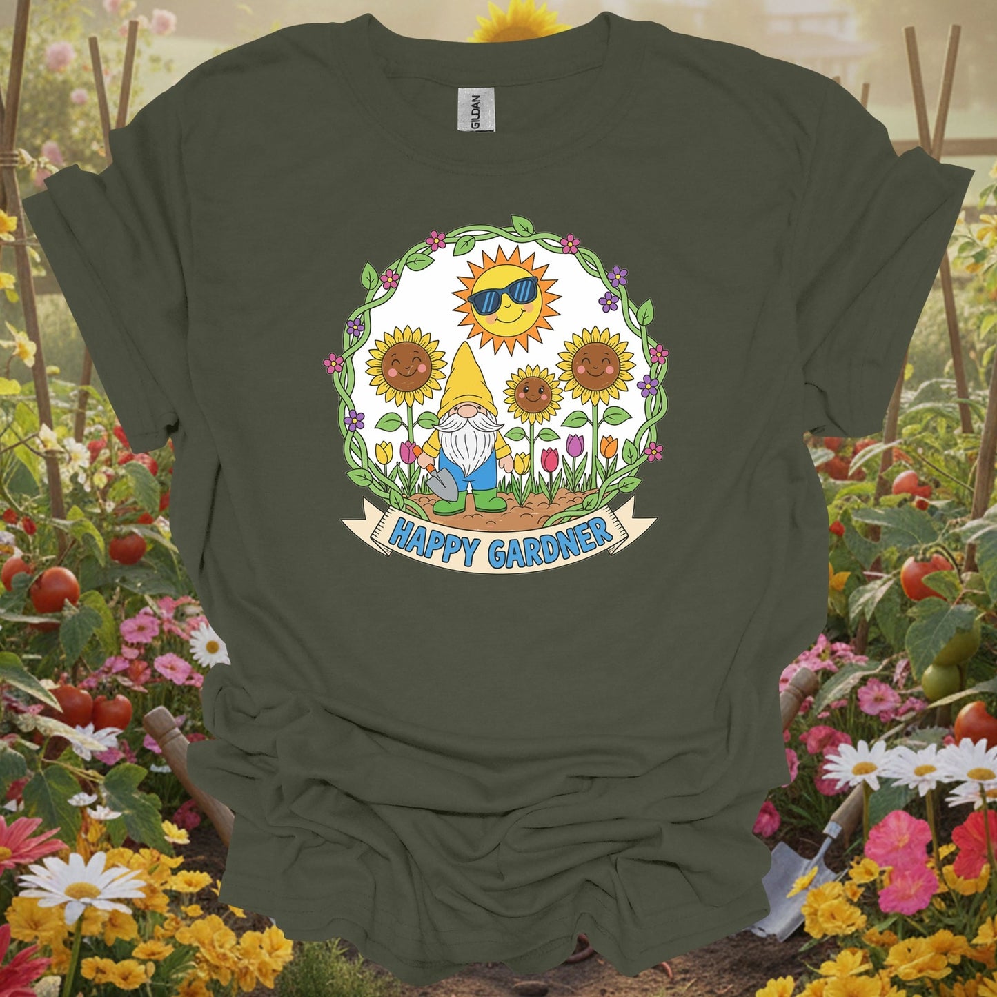 Military Green tshirt showing happy gardner cute gnome & sunflower for people who love plants