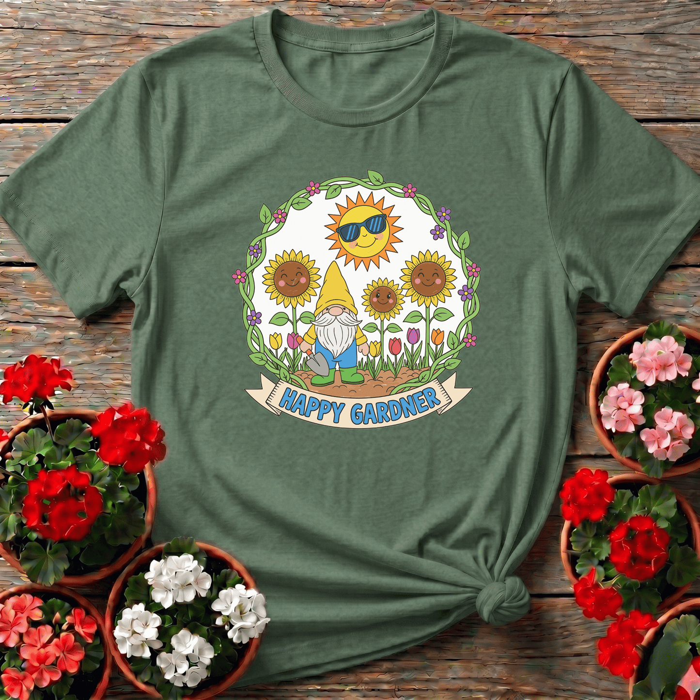 Happy Gardner Cute Gnome & Sunflower T-shirt - GardeningTshirts