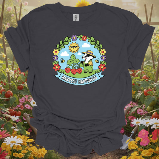 Charcoal tee showing whimsical badger in strawberry patch harvest happiness design for whimsical gardeners